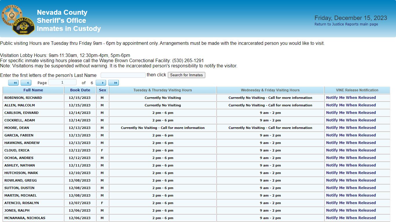 Inmates in Custody - County of Nevada Public Reporting
